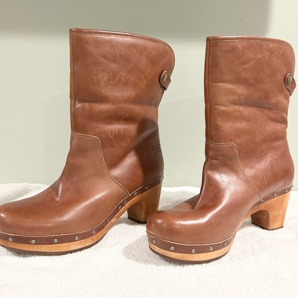 UGG Australia Leather Shearling Clog Boots Wooden Heel Platform Near New Size 8 - Picture 11 of 14